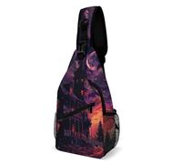 IOLVSHGH Black Haunted House Sling Bag with Rfid Blocking Causal Mens Crossbody Bag Lightweight Chest Pack Large Man Purse Travel Crossbody Backpack Shoulder Sling Backpack for Hiking Running Cycling