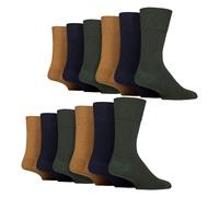 IOMI 12 Pairs Mens Gentle Grip Top Diabetic Socks | Non Elastic Cotton Socks - 12-14 UK - Ochre / Navy Blue / Green Khaki