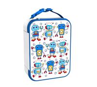 Ion8 Robots Design Lunch Bag, Easy Access 3-Sided Zip, Write-On Name Patch, Freshness & Insulation for 6 Hours, Mesh Pocket for Bottles, Machine Washable, Polyester Fabric Material, White