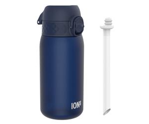 ION8 Kids Water Bottle 350ml/12oz Leak Proof & BPA Free Drinking Bottle with Straw, Triple Lock Lid to Prevent Spills & Integrated Handle, Ideal for Little Hands & Lunch Boxes,Recyclon Navy with Straw