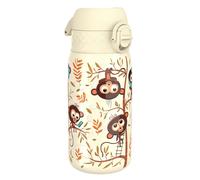Ion8 Lightweight Steel Kids Water Bottle, 400ml/13oz, Non-Insulated, Leak Proof, Easy to Open, Secure Lock, Dishwasher Safe, Fits Cup Holders, Carry Handle, Metal Water Bottle, Cream, Monkeys