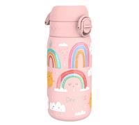 Ion8 Lightweight Steel Kids Water Bottle, 400ml/13oz, Non-Insulated, Leak Proof, Easy to Open, Secure Lock, Dishwasher Safe, Fits Cup Holders, Carry Handle, Metal Water Bottle, Pink, Rainbows