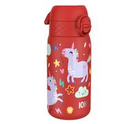 Ion8 Kids Water Bottle, Lightweight Steel, 400 ml/13 oz, Leak Proof, Non-Insulated, Easy to Open, Secure Lock, Dishwasher Safe, Flip Cover, Carry Handle, Easy Clean, Metal Water Bottle, Red, Unicorns