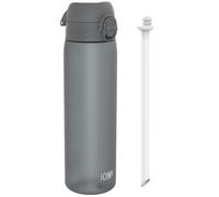 Ion8 500ml Water Bottle, Leak Proof & BPA-Free Drinking Bottle with Straw, Triple Lock Lid to Prevent Spills & Integrated Handle, Carbon Neutral, 500ml/18oz, Recyclon, Grey with Straw