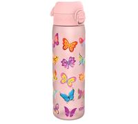 Ion8 Water Bottle, 500ml / 18oz, Leak Proof, One-Finger Open, Dishwasher Safe, BPA Free, Flip Cover, Carry Handle, Spill-free On-The-Go, Easy Clean Carbon Neutral Recyclon, Pink, Butterflies