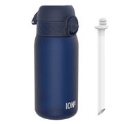 ION8 Kids Water Bottle 350ml/12oz Leak Proof & BPA Free Drinking Bottle with Straw, Triple Lock Lid to Prevent Spills & Integrated Handle, Ideal for Little Hands & Lunch Boxes,Recyclon Navy with Straw