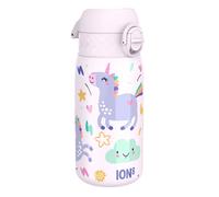 Ion8 Insulated Steel Water Bottle, 320 ml/11 oz, Leak Proof, Easy to Open, Secure Lock, Dishwasher Safe, Carry Handle, Flip Cover, Metal Water Bottle, Raised Print, Stainless Steel, Pink Unicorns