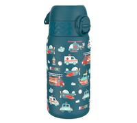 Ion8 Lightweight Steel Kids Water Bottle, 400ml/13oz, Non-Insulated, Leak Proof, Easy to Open, Secure Lock, Dishwasher Safe, Fits Cup Holders, Carry Handle, Metal Water Bottle, Aqua, Rescue Vehicles