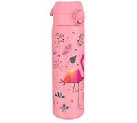 Ion8 Steel Water Bottle, 600 ml/20 oz, Leak Proof, Easy to Open, Secure Lock, Dishwasher Safe, Flip Cover, Fits Cup Holders, Carry Handle, Durable, Metal Water Bottle, Raised Print, Flamingo Design