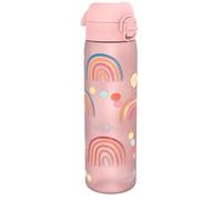 Ion8 Water Bottle, 500ml, Leak Proof, One-Finger Open, Dishwasher Safe, BPA Free, Flip Cover, Carry Handle, Spill-free On-The-Go, Easy Clean Carbon Neutral Recyclon, Pink, Rainbows