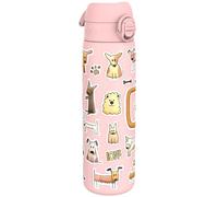 Ion8 Water Bottle, 500ml/18oz, Slim Leak Proof & BPA-Free Drinking Bottle, Secure Lock Prevents Spills, Dishwasher Safe, Carry Handle, Ideal for Adults & Kids - Travel, Gym & School, Pink, Dogs