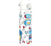 Ion8 Water Bottle, 500ml/18oz, Slim Leak Proof & BPA-Free Drinking Bottle, Secure Lock Prevents Spills, Dishwasher Safe, Carry Handle, Ideal for Adults & Kids - Travel, Gym & School, White, Robots