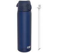 Ion8 500ml Water Bottle, Leak Proof & BPA-Free Drinking Bottle with Straw, Triple Lock Lid to Prevent Spills & Integrated Handle, Carbon Neutral, 500ml/18oz, Recyclon, Navy with Straw