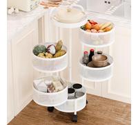 iondelce Rotating Vegetable Storage Rack, Fruit Basket for Kitchen,5 Tier Circular Kitchen Storage Basket, Large Storage Rack with Wheels, Fruit and Vegetable Metal Wire Shelf with Top Lid
