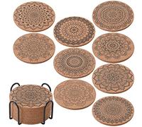 ionEgg Cork Coasters for Drinks Reusable Absorbent Cup Coaster for Cold or Warm Drinks, Pack of 9 with Metal Holder