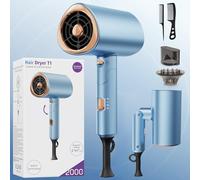 Ionic Hair Dryer 2000W, Professional Hairdryer with Cold Air Mode, Anti-Frizz, 2 Speed 3 Heat Settings, Diffuser & Concentrator, Styling Combs, Portable Travel Hair Dryer for Women & Men, Blue