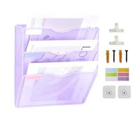 IOUGDSEC 3 Tier Mesh Hanging File Organizer Vertical Wall File Organizer Wall File Holder for Office School Home, Nametag Label Hooks Set Included, Purple