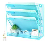 IOUGDSEC 4 Tier A4 Mesh Hanging Wall File Holder Magazine Document Holder Mail Organiser Magazine Storage Rack,Durable Metal Mesh Document Wall Organiser Desktop File Organizer, Sky Blue