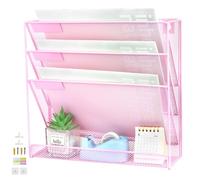 IOUGDSEC 4 Tier A4 Mesh Hanging Wall File Holder Magazine Document Holder Mail Organiser Magazine Storage Rack,Durable Metal Mesh Document Wall Organiser Desktop File Organizer-Pink