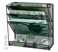 IOUGDSEC 4 Tier A4 Mesh Hanging Wall File Holder Magazine Document Holder Mail Organiser Magazine Storage Rack,Durable Metal Mesh Document Wall Organiser Desktop File Organizer-Black