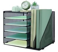 IOUGDSEC 5 Tier Desk File Organiser with 2 Extra Vertical File Sorter, Paper Letter Tray, A4 Paper Desktop Filing Trays, Magazine Document Holder for Home Office, Black