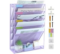 IOUGDSEC 6 Tier A4 Mesh Hanging Wall File Holder Magazine Document Holder Mail Organiser Magazine Storage Rack,Durable Metal Mesh Document Wall Organiser Desktop File Organizer,Purple
