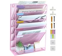 IOUGDSEC 6 Tier A4 Mesh Hanging Wall File Holder Magazine Document Holder Mail Organiser Magazine Storage Rack,Durable Metal Mesh Document Wall Organiser Desktop File Organizer,Pink