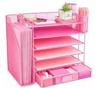 IOUGDSEC 6 Tier Desk File Organiser with Extra Vertical File Sorter, Paper Letter Tray with Top Stationery Drawer Holder, A4 Paper Desktop Filing Trays, Magazine Document Holder for Home Office, Pink