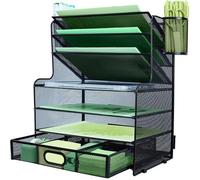 IOUGDSEC 7 Tier Desk File Organizer, Letter Tray Paper Organizer with Pen Holder and Metal Hanging Basket, Black
