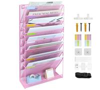 IOUGDSEC 9 Tier A4 Mesh in Tray Hanging Wall File Holder Magazine Document Holder Mail Organiser Magazine Storage Rack,Durable Metal Mesh Filing Storage Letter Trays Desktop File Organizer, Pink