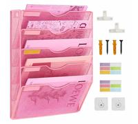 IOUGDSEC Hanging Wall Files Holder, A4 Mesh in Tray Hanging Wall File Holder Magazine Document Holder Mail Organiser Magazine Storage Rack, Storage Letter Trays Desktop File Organizer (Pink)