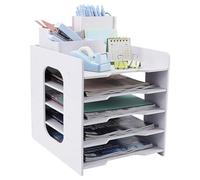 IOUGDSEC Letter Tray Desk Organiser with Filing Trays, 5 Tier Paper File Tray with Pen Holder For Office Desk, A4 Desk Tidy Organiser File Document Holder For Office Home School, White