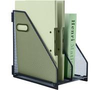 IOUGDSEC Metal Magazine File Holder for Desk with 2 Vertical Compartments ，A4 Document File Holder with handle, Mesh Durable Desktop File Rack for Office School and Home，Black