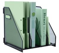 IOUGDSEC Metal Magazine File Holder for Desk with 4 Vertical Compartments ，A4 Document File Holder with handle, Mesh Durable Desktop File Rack for Office School and Home，Black