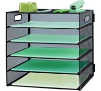 IOUGDSEC Paper Letter Tray with Handle, 5 Tier Metal Mesh Desk File Organizer, A4 Paper Desktop Filing Trays, Desk Tidy Magazine Document Holder for Home Office, Black