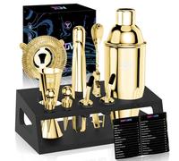 IOV Mixology Bartender Kit With Stand | 12-Piece Cocktail Shaker Set | 24oz Martini Shaker Set For Drink Mixing | Bar Set Includes All Bar Tools And Recipe Booklet | Fun Housewarming Gift (Gold)