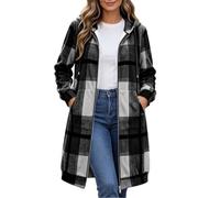 Iovie Womens Plaid Hooded Coat Zip-Up Wool Blend Overcoat Long Check Jacket | Ladies Checkered Coats, Drawstring Hood Longline Jackets, Loose Fit Long Sleeve Overcoats, Lightweight Outerwear with Pockets