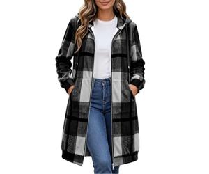 Iovie Womens Plaid Hooded Coat Zip-Up Wool Blend Overcoat Long Check Jacket | Ladies Checkered Coats, Drawstring Hood Longline Jackets, Loose Fit Long Sleeve Overcoats, Lightweight Outerwear with Pockets