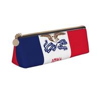 Iowa State Flag Print Large Capacity Leather Pencil Case Smooth Zippered Pen Pouch School Travel Makeup