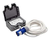 IP44 16 Amp Blue CEE Plug to IP66 2 Gang 13a Trailing sockets. Weatherproof Portable Outdoor Mains Power Extension Lead (Length 15 Metres)