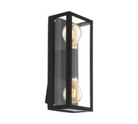 IP44 Outdoor Wall Light Black & Square Glass shade 2x 60W E27 Bulb Porch Lamp