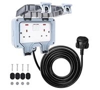 IP66 Waterproof Outdoor Double Socket with 5m Extension Lead - Switched 2 Gang External Power Outlet & Weatherproof Cover Box for Garden, Patio & Workshop (15m)