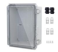 IP67 Waterproof Junction Box, ABS Plastic Electrical Enclosure with Stainless Steel Latch, Hinged Cover Electric Box with Mounting Plate, Wall Brackets & Cable Glands 210x160x100mm