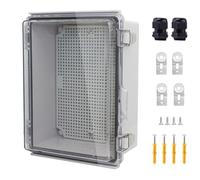IP67 Waterproof Junction Box, ABS Plastic Electrical Enclosure with Stainless Steel Latch, Hinged Cover Electric Box with Mounting Plate, Wall Brackets & Cable Glands 220x170x110mm