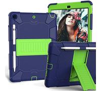 iPad 10.2 Case 2019, CASZONE 3 Layer Heavy Duty Rugged Shockproof Anti-Slip Silicone Protective Cover for New iPad 7th Generation 10.2 inch with Pencil Holder/Kickstand, for Kids/Students- Navy+Green