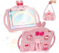 iPad 10th Gen Case with Screen Protector, Kickstand, Shoulder Straps - Cute Rabbit Design, 10.9 inch Silicone Tablet Cover for Kids & Girls - Pink