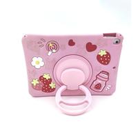 IPad 9th 8th 7th Generation Case for Girls Women, UFAINEI Cute Kawaii 3D Cartoon Strawberry Girly Silicone Case Cover for 10.2&10.5 inch with Rotating Stand&Shoulder Strap-Pink