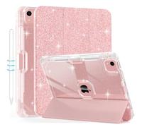 iPad Air 11 Inch Case 2024, iPad Air 5th/4th Gen Case 2022/2020 10.9 Inch with Pencil Holder, Auto Wake/Sleep, Sparkly Glitter Trifold Stand Leather Cover with Shiny Clear TPU Back, Rose Gold