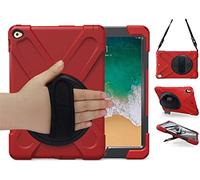 iPad Air 2 Case, TSQ Carrying Rugged Protective Case with 360 Degree Rotating Stand, Handle Hand Grip & Shoulder Strap, for Apple Tablet Air 2nd Gen Cover Skin for Kids Girls Boys A1566 A1567 Red