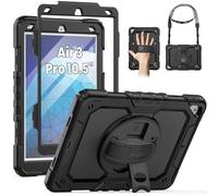 iPad Air 3 Case, iPad Pro 10.5 Case, SEYMAC [Hand Strap&Shoulder Strap] Pencil Holder 360 Rotating Stand Full Body Protection Case with Screen Protector for iPad Air 3 2019/iPad Pro 10.5 2017-Black